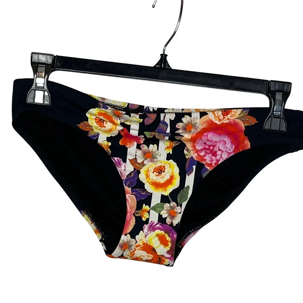 Seafolly Bikini Bottoms US Size 4 Black Floral Striped‎ Swimwear NEW NO TAG